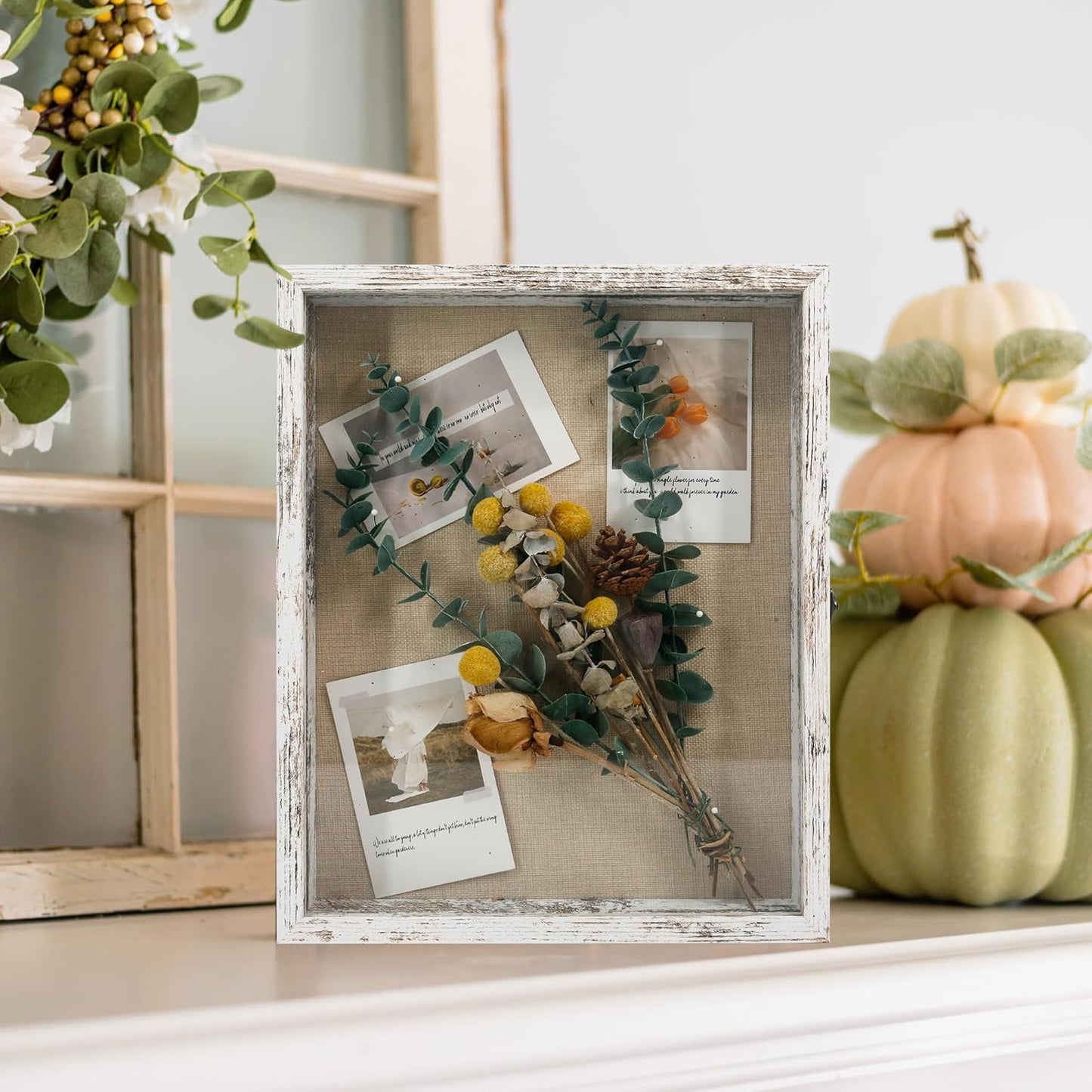 GraduationMall 13x16 Wood Shadow Box Frame Glass Door Display Case with Linen Back and 6 Stick Pins,1.5 inches Interior Depth,Ideal for Memorabilia Pictures Flowers Medals Tickets Rustic White