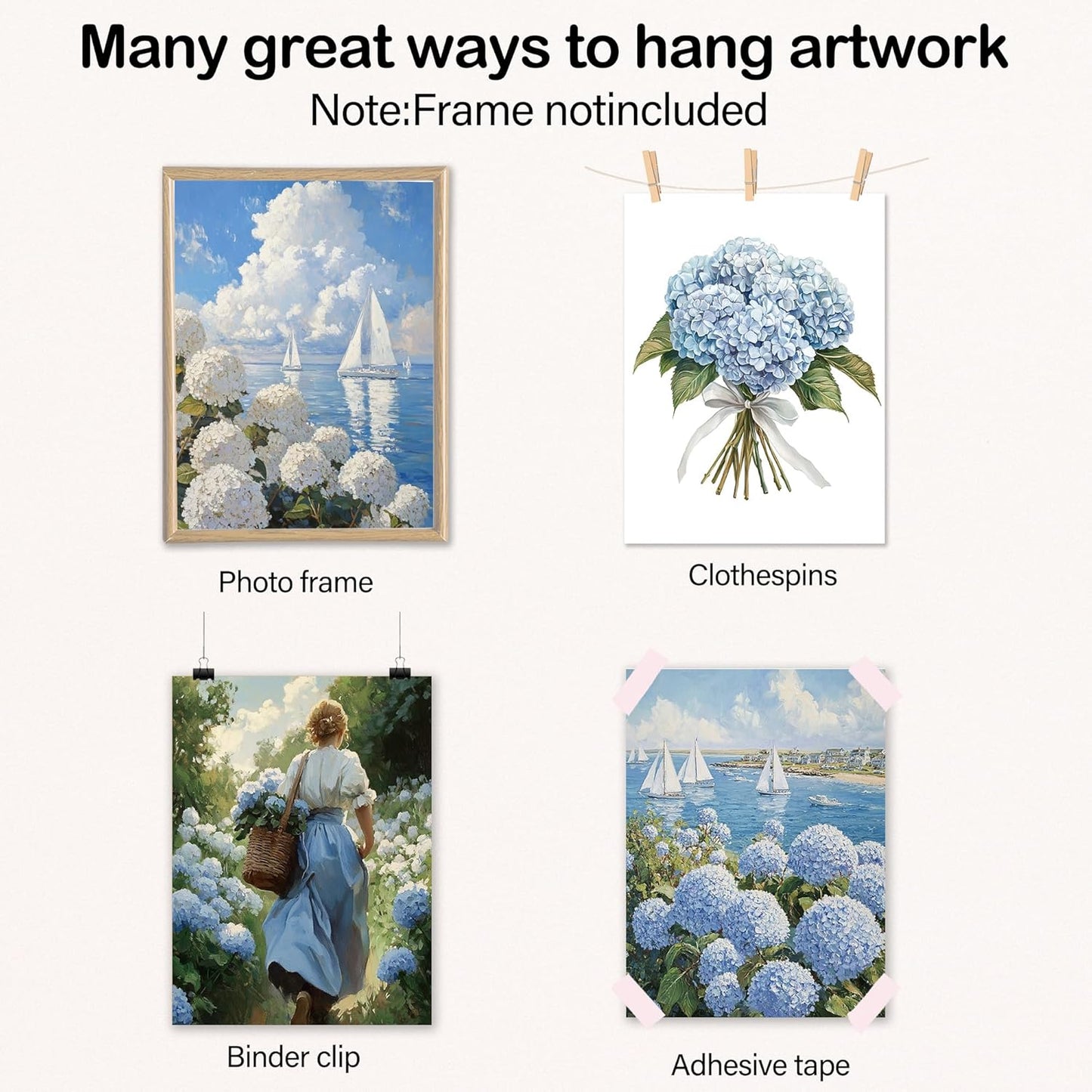 Poecinvi Blue and White Hydrangea Nautical Canvas Wall Art Prints Set of 4, Rustic French Country Hydrangea Flower Coastal Beach Posters Pictures Wall Decor for Home Living Room, 8x10 Unframed