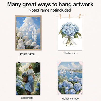 Poecinvi Blue and White Hydrangea Nautical Canvas Wall Art Prints Set of 4, Rustic French Country Hydrangea Flower Coastal Beach Posters Pictures Wall Decor for Home Living Room, 8x10 Unframed