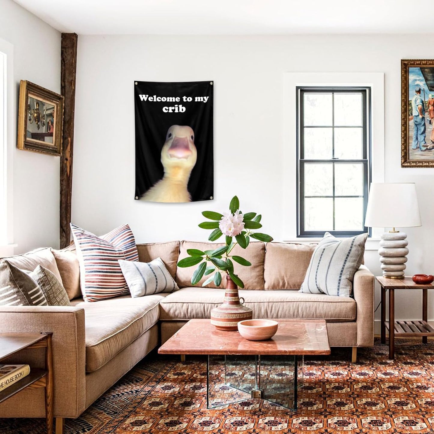 ILINJAU Welcome To My Crib Flag Funny Duck Tapestry 2x3Ft Indoor Outdoor Wall Art Tapestry for Bedroom Teens Room Decoration Living Room Bedroom