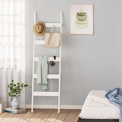 Blanket Ladder, 5-Tier Towel Holder with 4 Removable Hooks, Farmhouse Wall Leaning Decorative Rack Shelf, Wooden Towel Display Rack, Quilt Ladder for Living Room, Bedroom, Rustic Brown