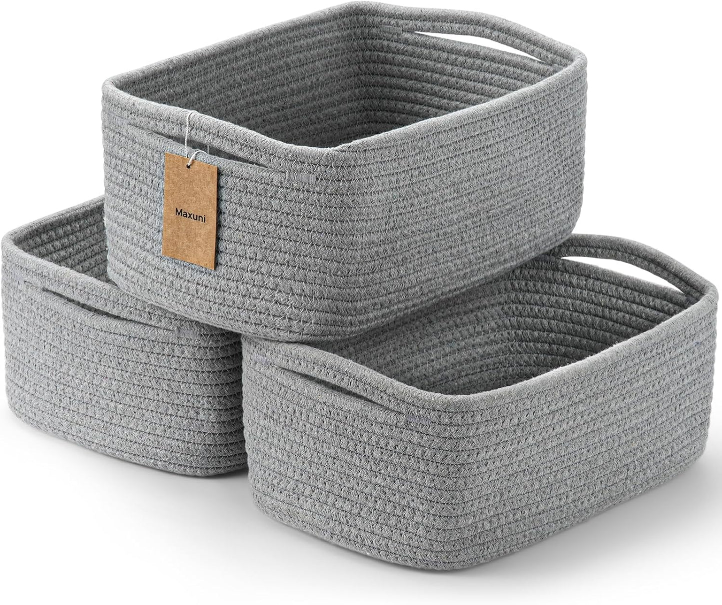 3-Pack Small Storage Baskets for Organizing | Woven Shelf Toy Basket | Rope Baskets for Gifts Empty | Closet Organizer Bins with Handles | Cube Decorative Box | 11.8×7.8×5.1” | Mixed brown