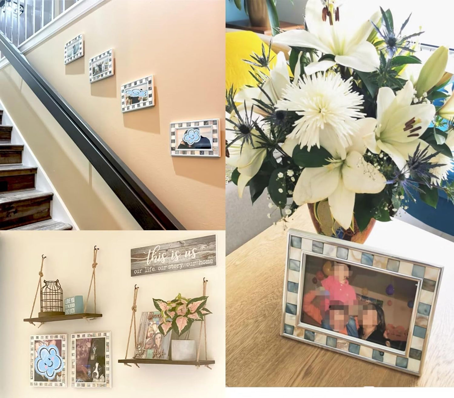 Silver Plate Picture Frame 5x7 Mother of Pearl 5 by 7 Photo Frame Mosaic Glass Tabletop Frame (Grey+ White,1pc)