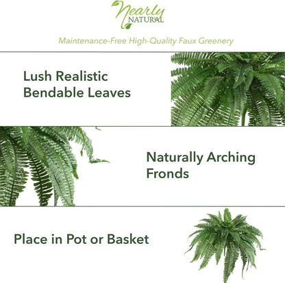 Nearly Natural 48in Artificial Boston Fern (Set of 2), Large Faux Greenery with 67 Lifelike Fronds for Indoor Wall, Shelf, and Home Office Decor