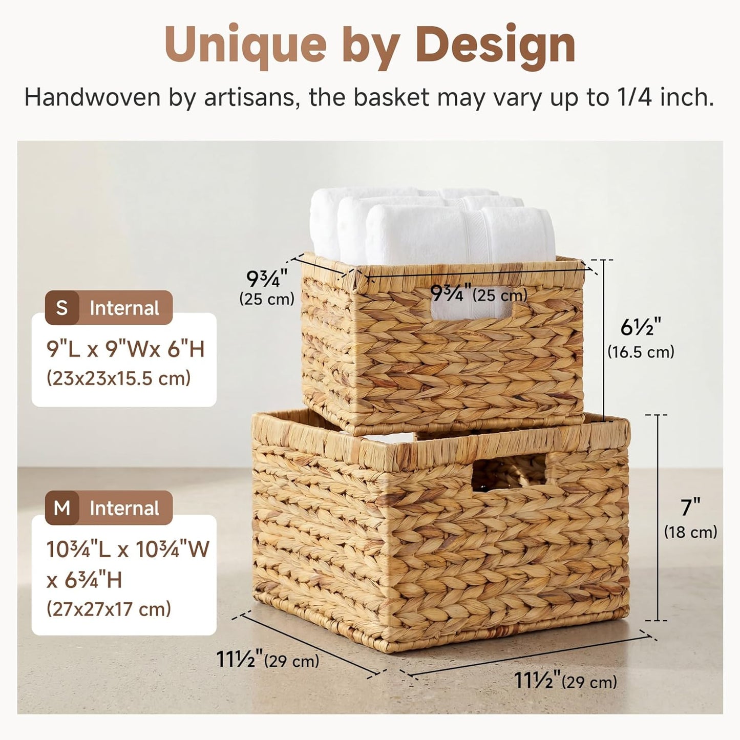 StorageWorks Wicker Basket, Baskets for Organizing, Storage Basket with Built-in Handles, Water Hyacinth Shelves (Medium 2-Pack, Natural Hyacinth)