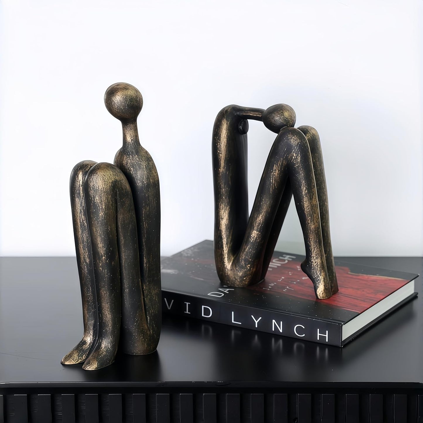 Resin Book Ends, Abstract Thinker Modern Minimalist Decorative Sculpture Bookends, Non-Slip Heavy Duty Bookends for Shelves for Home Office Shelves Desk, Set of 2 (Brown & White)