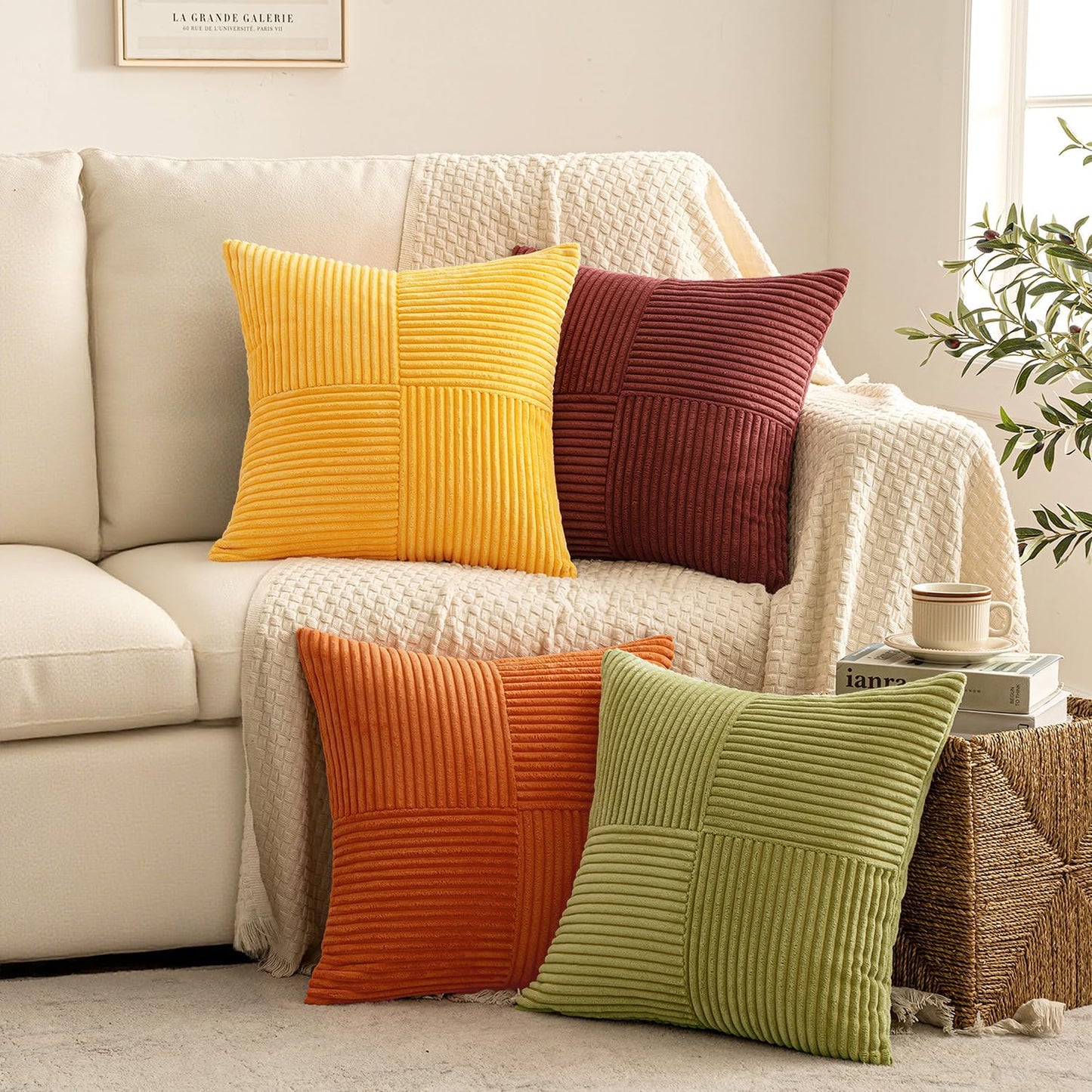 MIULEE Teal Orange Decorative Throw Pillow Covers 18x18 Inch Set of 4 Boho Corduroy Striped Cushion Cases Modern Farmhouse Patchwork Pillow Cases for Couch Sofa Bedroom Home Decor