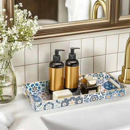 MAONAME White Decorative Tray, Plastic Serving Tray with Handles, Rectangular Moroccan Trays, Long Narrow Trays for Bathroom, Kitchen Counter, 13.8" X 6" X 1.57"