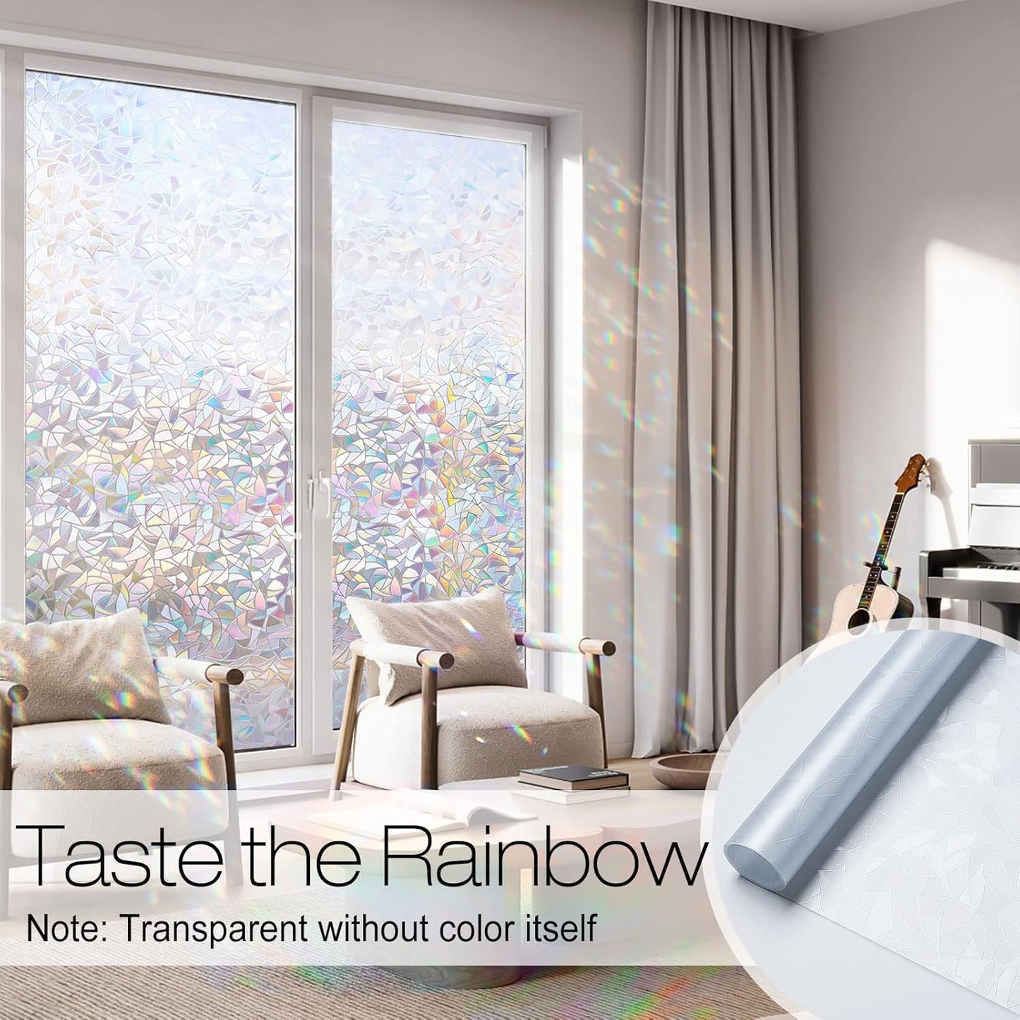 rabbitgoo Window Privacy Film Rainbow Film Decorative Window Sticker, 3D Static Stained Glass Cling Tint for Home Heat Control Non-Adhesive, 17.5 x 78.7 inches