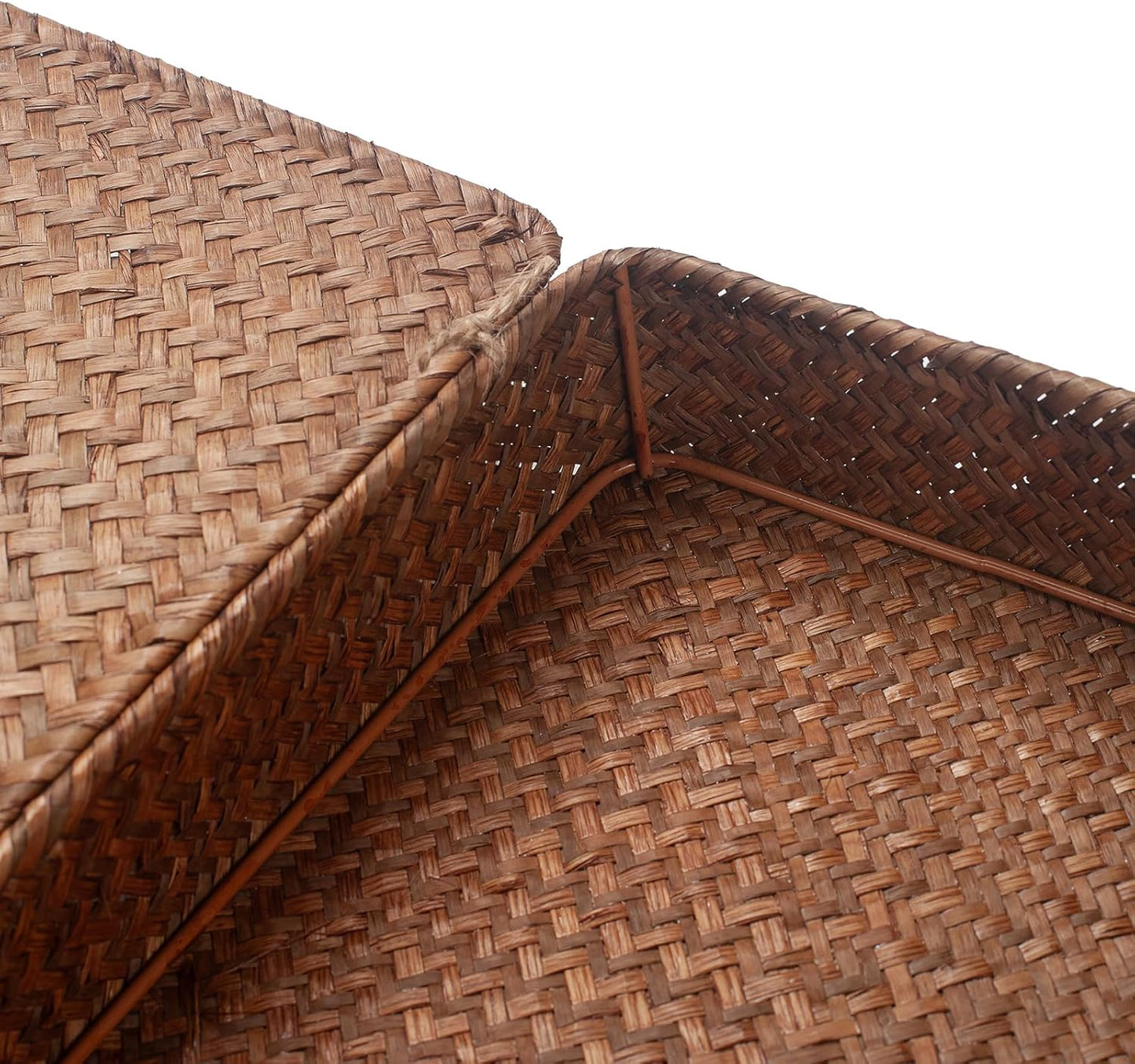 Seagrass Storage Basket Box with Lid Rectangular Woven Shelf Baskets Bins for Organize Snack Toys Set of 2 Natural Decorative(Large+Small)