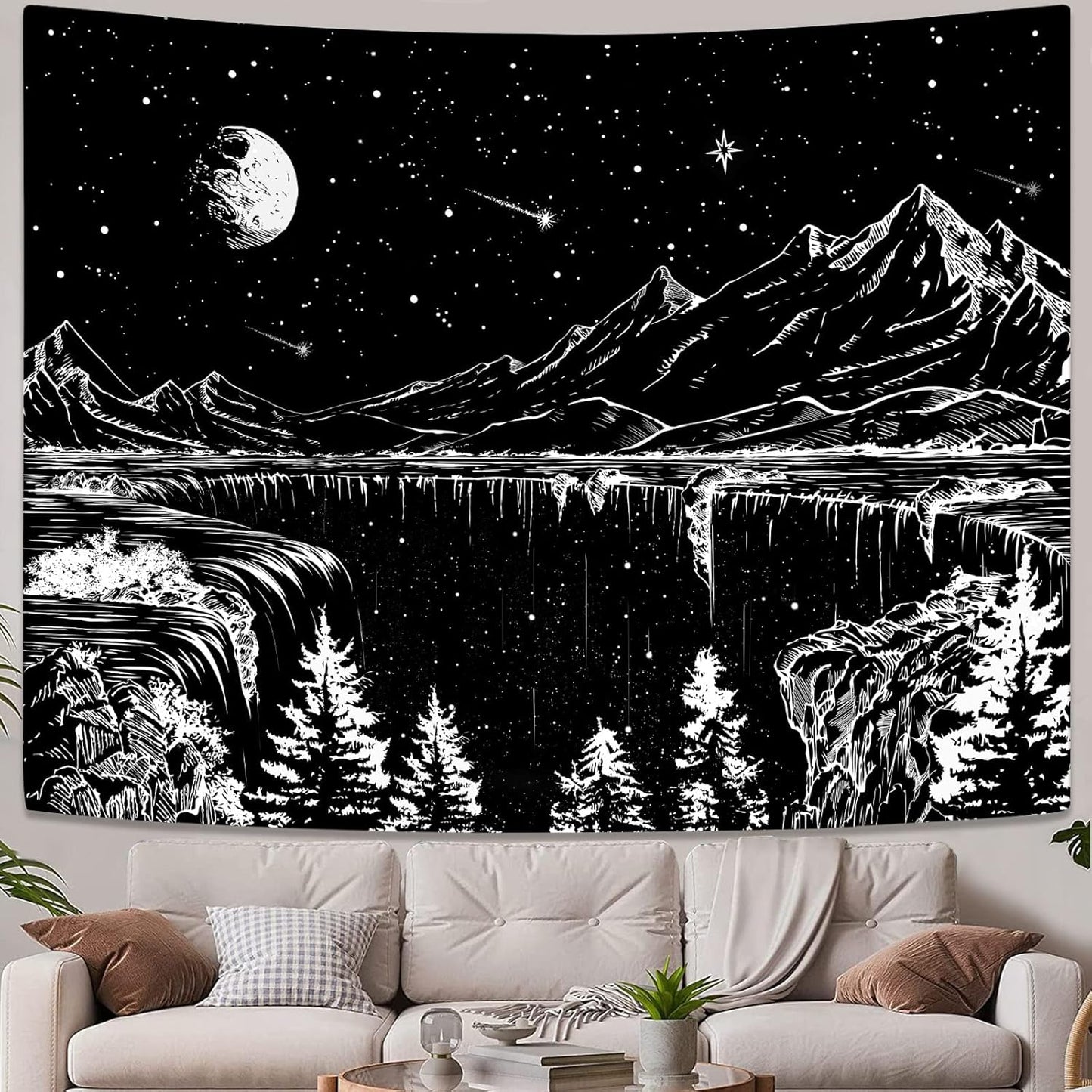 Zussun Black and White Tapestry Starry Night Mountain Tapestries for Bedroom Aesthetic Moon and Stars Tapastry's Wall Hanging Dark Nature Forest Wall Tapestry for Living Room Dorm (48'' × 36'')