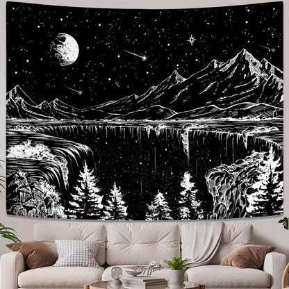 Zussun Black and White Tapestry Starry Night Mountain Tapestries for Bedroom Aesthetic Moon and Stars Tapastry's Wall Hanging Dark Nature Forest Wall Tapestry for Living Room Dorm (48'' × 36'')