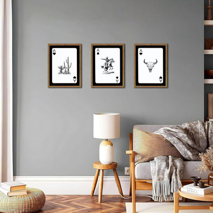 Western Wall Art Set of 3, Southwestern Cowboy Playing Card Wall Decor, Longhorn Bull Skull and How Lucky are We Poster Canvas Painting Prints for Bedroom Living Room 12x16 inch Wood Framed
