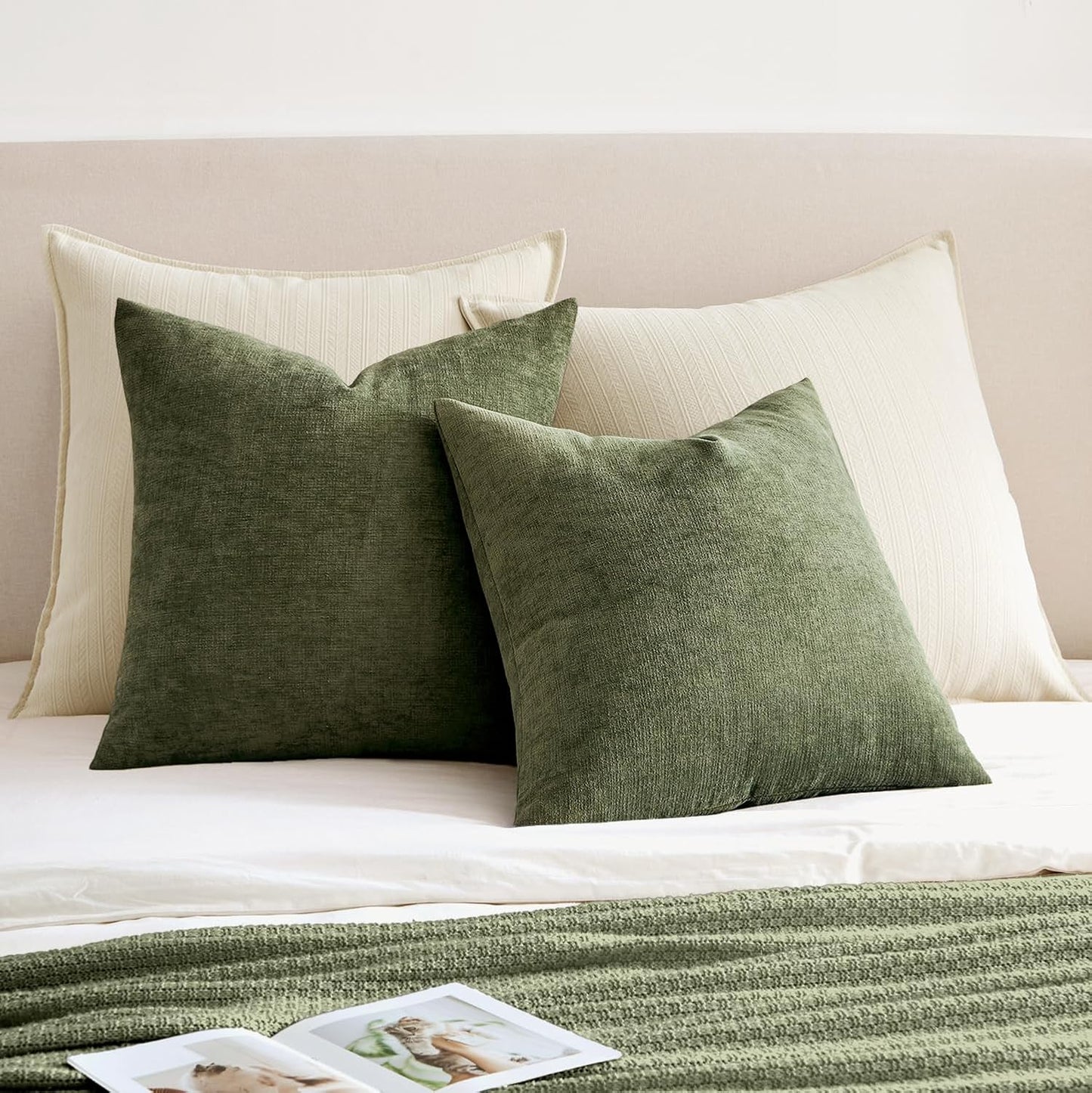 MIULEE Olive Green Couch Pillow Covers 18x18 Inch, Set of 2 Soft Chenille Decorative Square Throw Pillow Covers Farmhouse for Sofa Living Room Bed