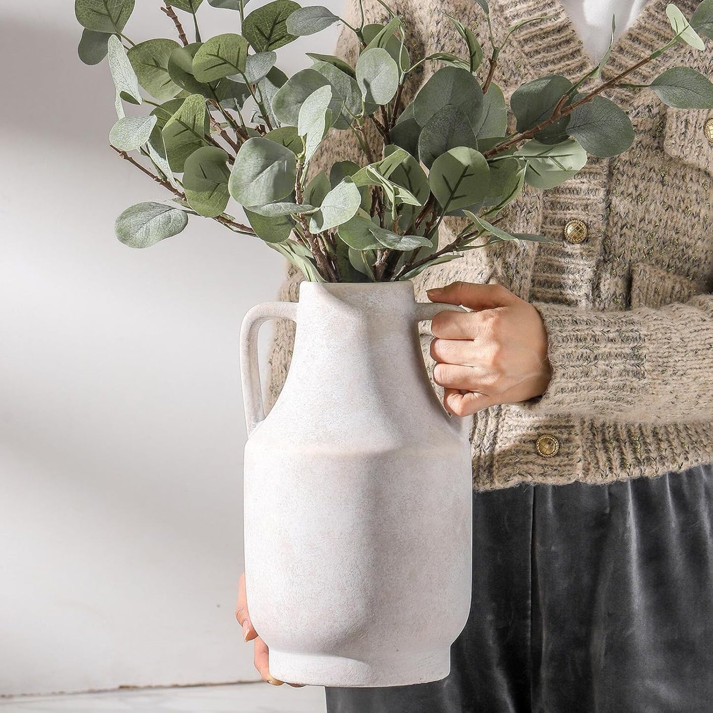 Mitt&Ditt Ceramic Flower Vase with Handles, 11 inch Tall Vase for Centerpieces, Large Decorative Terracotta Vases, Farmhouse Rustic Vases for Home Decor, Living Room, Table, Neutral