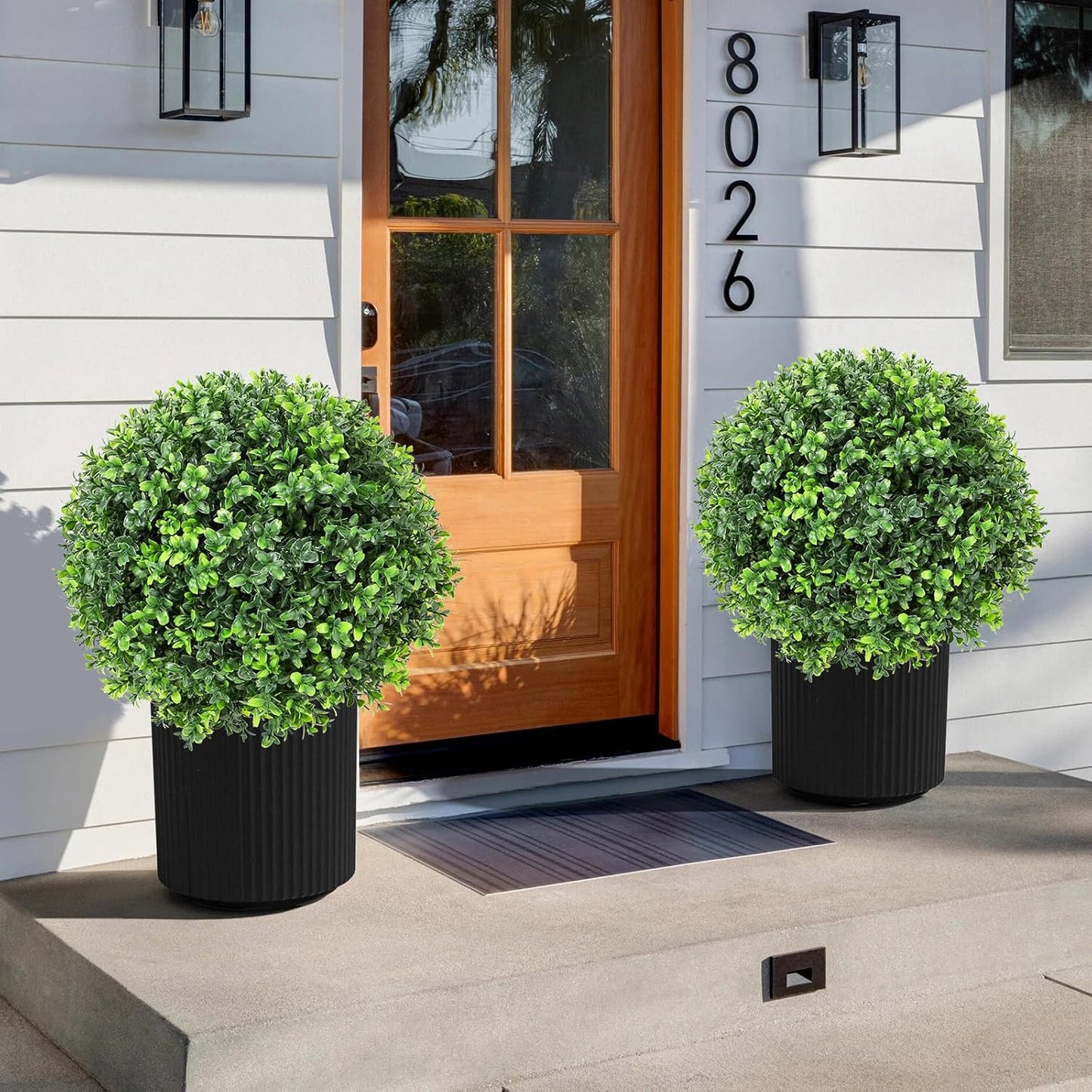 Artificial Red Eucalyptus Topiary Ball Tree 24" with Ground Spike, Set of 2 Artificial Boxwood Bushes for Faux Shrubs, Fake Evergreen Faux Plant for Indoor Outdoor Garden -UV Resistant–Fade-Proof