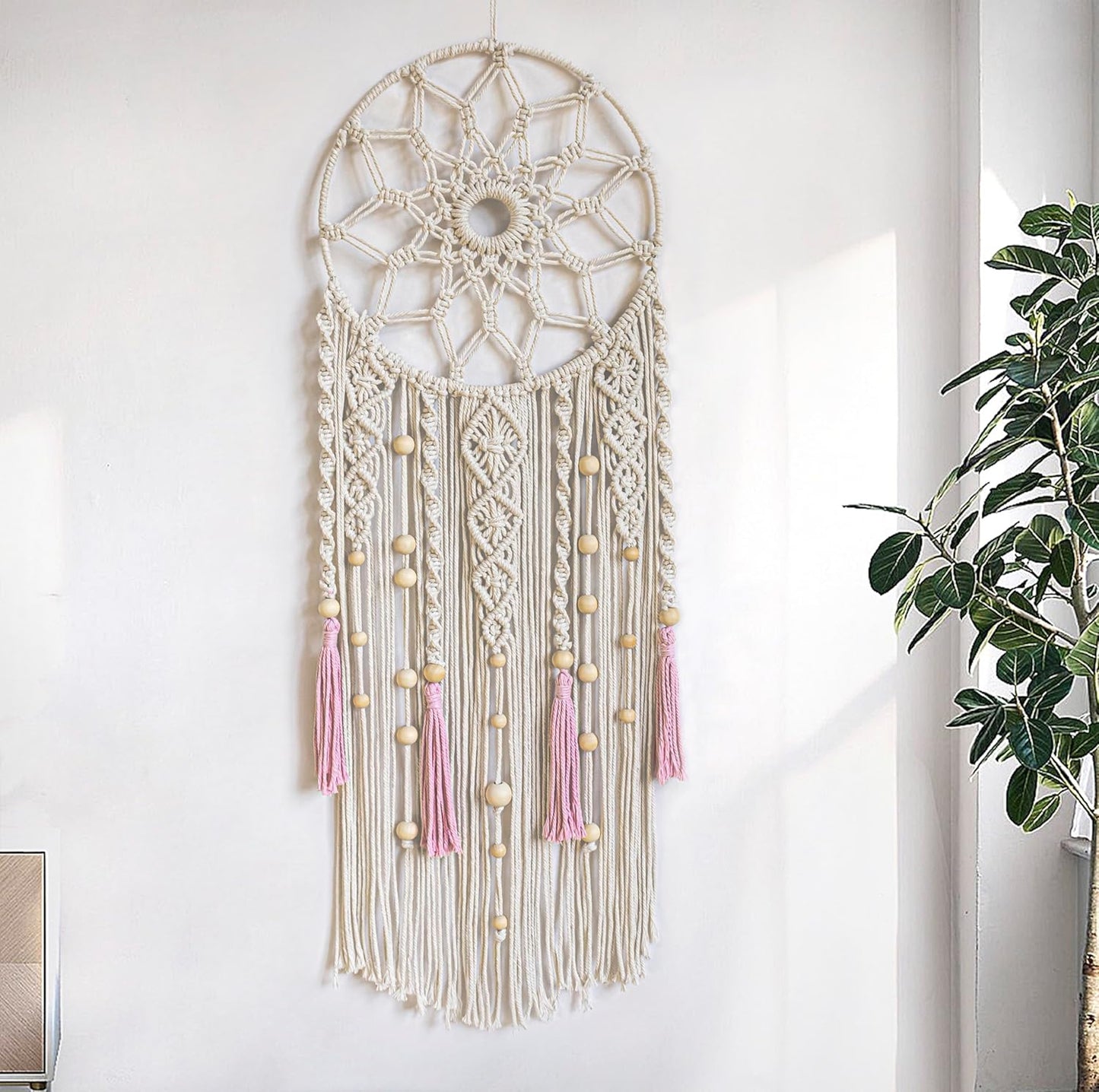 LB Boho Macrame Wall Hanging - Green and Beige Handmade Cotton Woven Decor, Modern Geometric Bohemian Tapestry Wall Decor for Bedroom Living Room Home (31.5"x9.84") Nature-Inspired Room Decor
