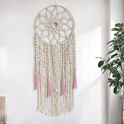LB Boho Macrame Wall Hanging - Green and Beige Handmade Cotton Woven Decor, Modern Geometric Bohemian Tapestry Wall Decor for Bedroom Living Room Home (31.5"x9.84") Nature-Inspired Room Decor