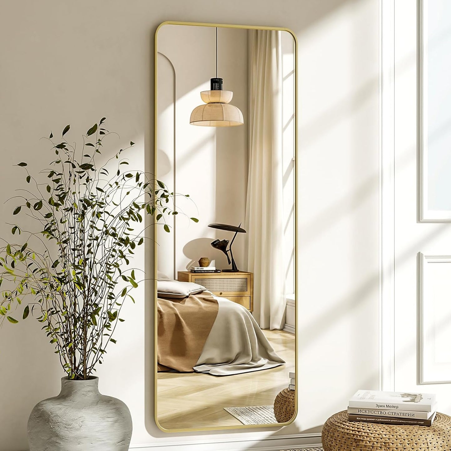 XRAMFY 56"x21" Floor Full Length Mirror Standing Full Body Rounded Corner Rectangle Mirrors with Stand Hanging Wall Mounted Leaning Bedroom Living Room Bedroom Cloakroom,Gold