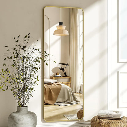 XRAMFY 56"x21" Floor Full Length Mirror Standing Full Body Rounded Corner Rectangle Mirrors with Stand Hanging Wall Mounted Leaning Bedroom Living Room Bedroom Cloakroom,Gold