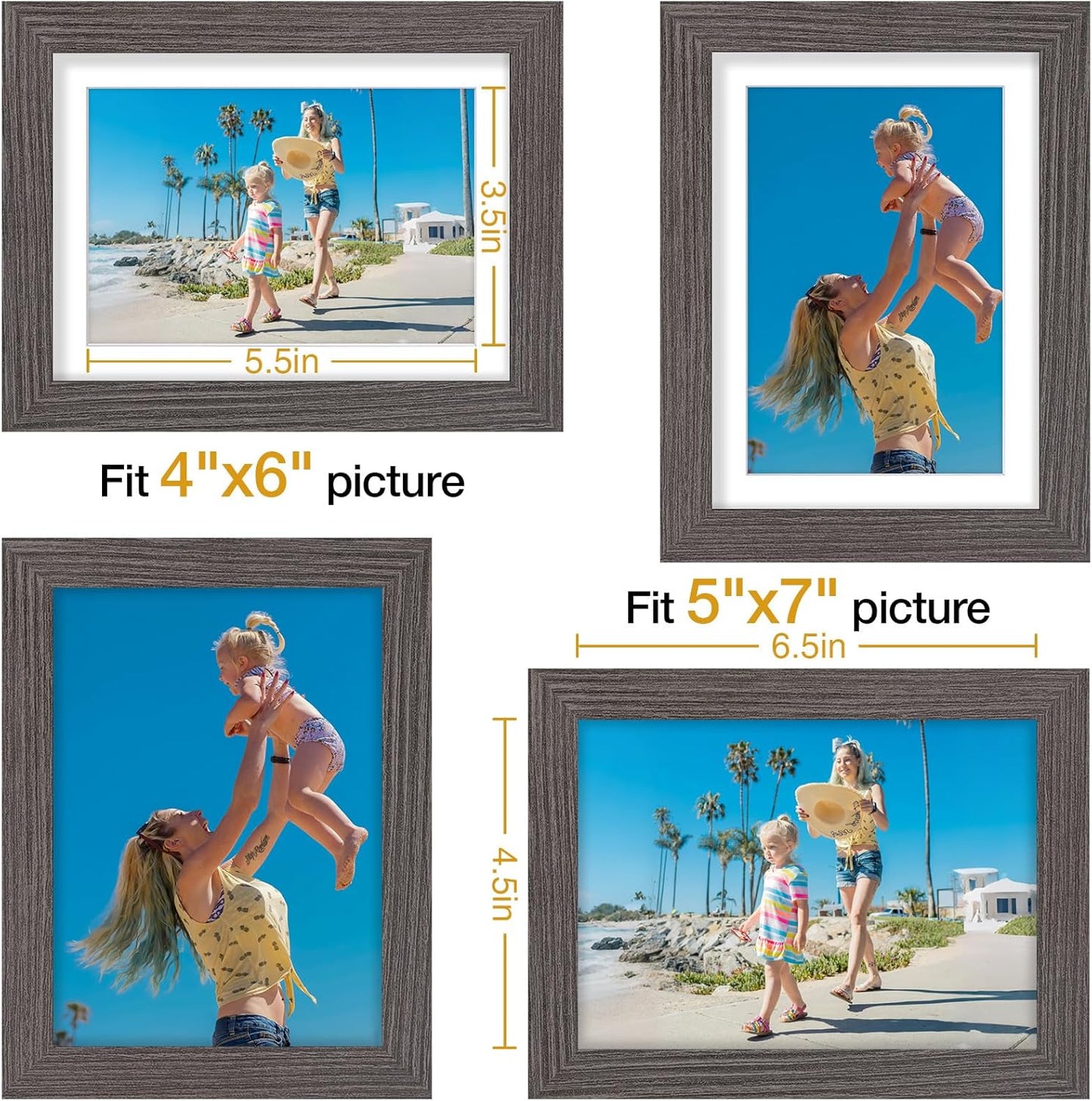 Vittanly 8x10 Picture Frames Set of 9, Shatter Resistant Plexiglass, Display 5x7 Pictures with Mat or 8x10 without Mat, Photo Frames for Wall or Tabletop, Engineered Wood, Black - Colors B