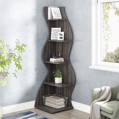 Tribesigns Corner Shelf, Modern 5-Tier Wall Corner Bookshelf, Stylish Corner Small Bookcase Storage Rack Plant Stand with Unique Shape for Living Room, Home Office (White, 1PC)
