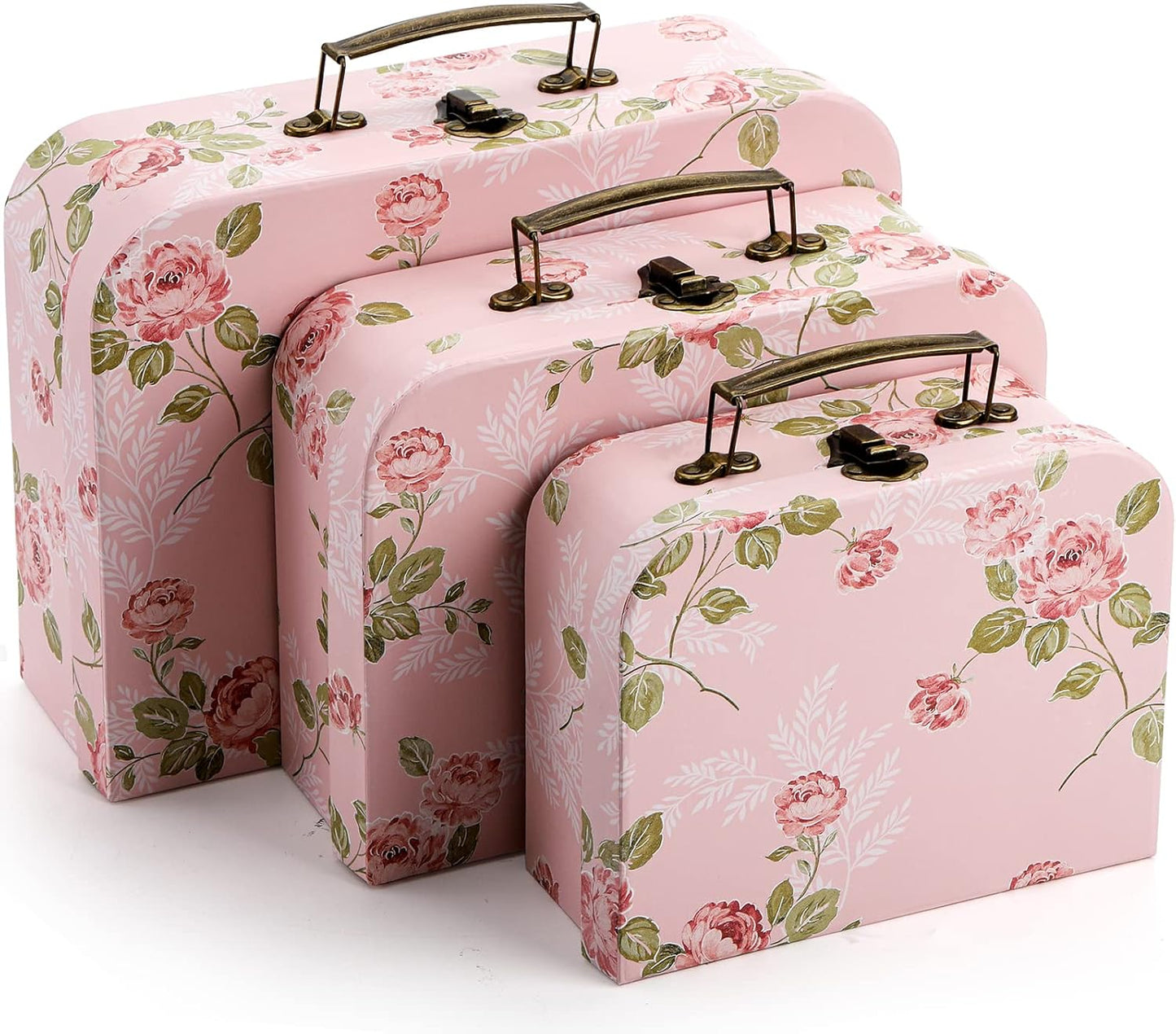 Fasmov 3 Pack Paperboard Suitcases Storage Box Decorative Storage Boxes Gift Boxes With Lids for Photo Storage Home Decoration, Wedding, Birthday, Anniversary, Pink