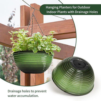 Vanslogreen 2 Pack Hanging Planters for Indoor Outdoor Plants, 10 Inch Hanging Planter with Drainage Hole & Plug Glazed Hanging Baskets Flower Pots for Garden Home (Blue)