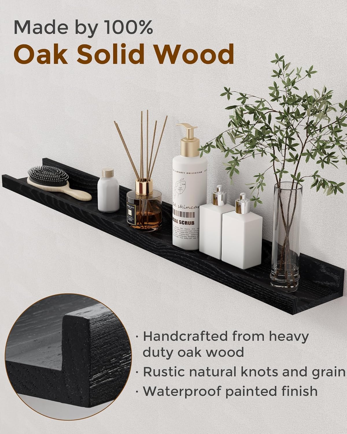 Axeman Oak Picture Ledge Shelf, 48 Inch Floating Shelves Set of 2, Solid Oak Wood Wall Shelves with Lip, Wall Decor Storage for Bedroom Living Room Bathroom Kitchen Nursery Photo Picture, Natural Oak