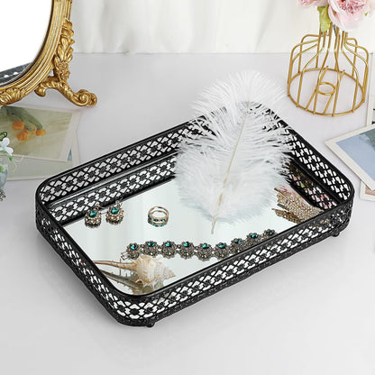 ELLDOO Perfume & Makeup Vanity Tray - Hollow-Carved Jewelry Storage, Glass & Metal Trinket Organizer for Dresser & Bathroom Countertop, Gold, Medium Size