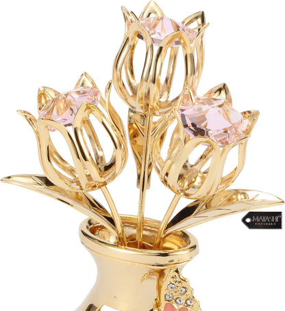 Matashi 24K Gold Plated Crystal Flower Figurine with Clear Crystals & Butterfly – Luxury Decorative Tulip Statue, Elegant Tabletop Home Décor, for Mother's Day, Valentine's Day, Christmas