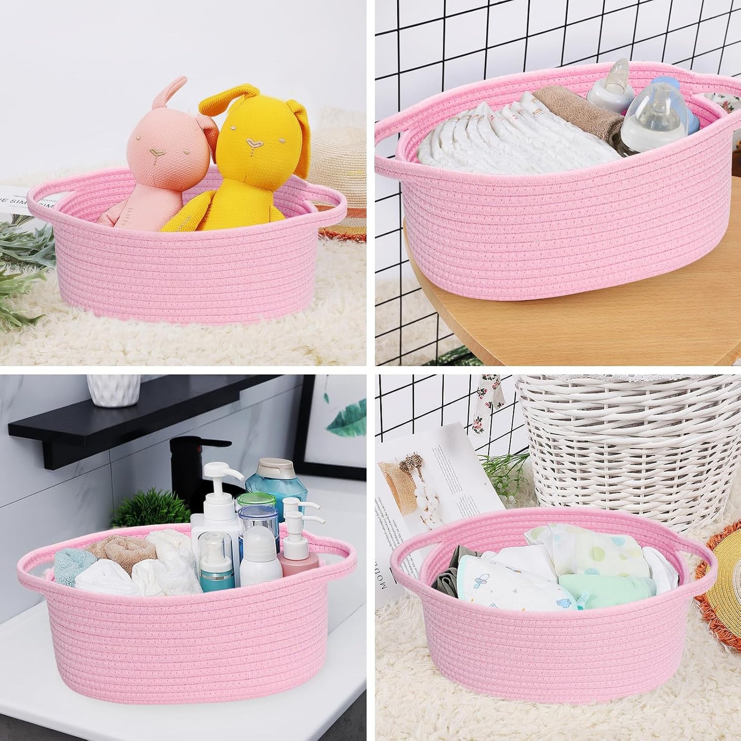 ABenkle Small Basket with Handles, Boho Decorative Rope Woven Dog Cat Toy Storage Bin Shelf Storage Organizer, Easter Christmas Gift Basket, 12"x8"x5", White