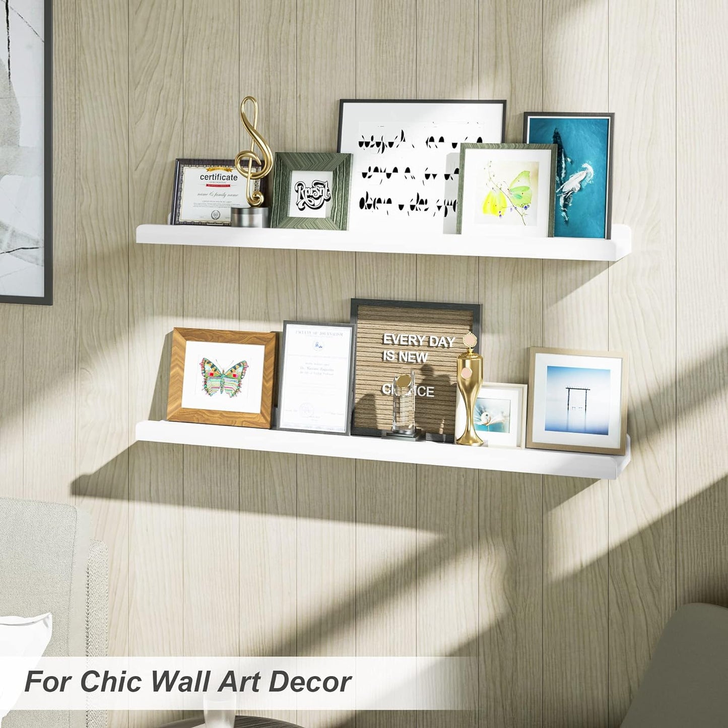 Love-KANKEI Floating Shelves Wall Mounted Set of 2, 17 Inch Rustic Wood Wall Shelves for Storage, Bedroom Living Room Bathroom Kitchen Office and More White