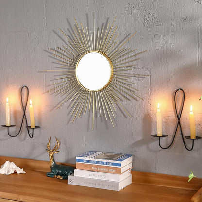 Large Gold Sunburst Mirror - 31" Starburst Wall Mirror with 12" Round Glass, Mid-Century Modern Elegant Gold Sun Mirrors for Living Room, Bedroom, Entryway Decor