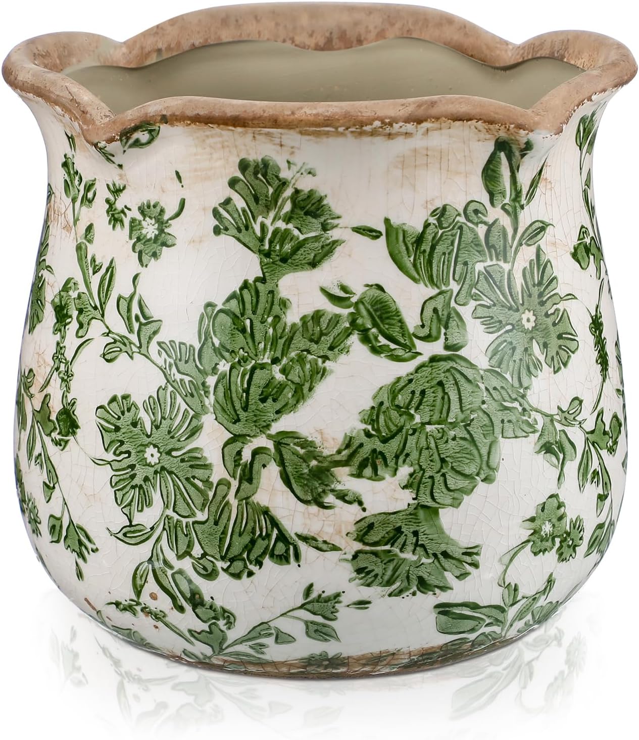 Newtay 6 Inch Ceramic Planter Green Scroll Planter Decorative Plant Pots with Crackle Glaze for Home Garden Kitchen