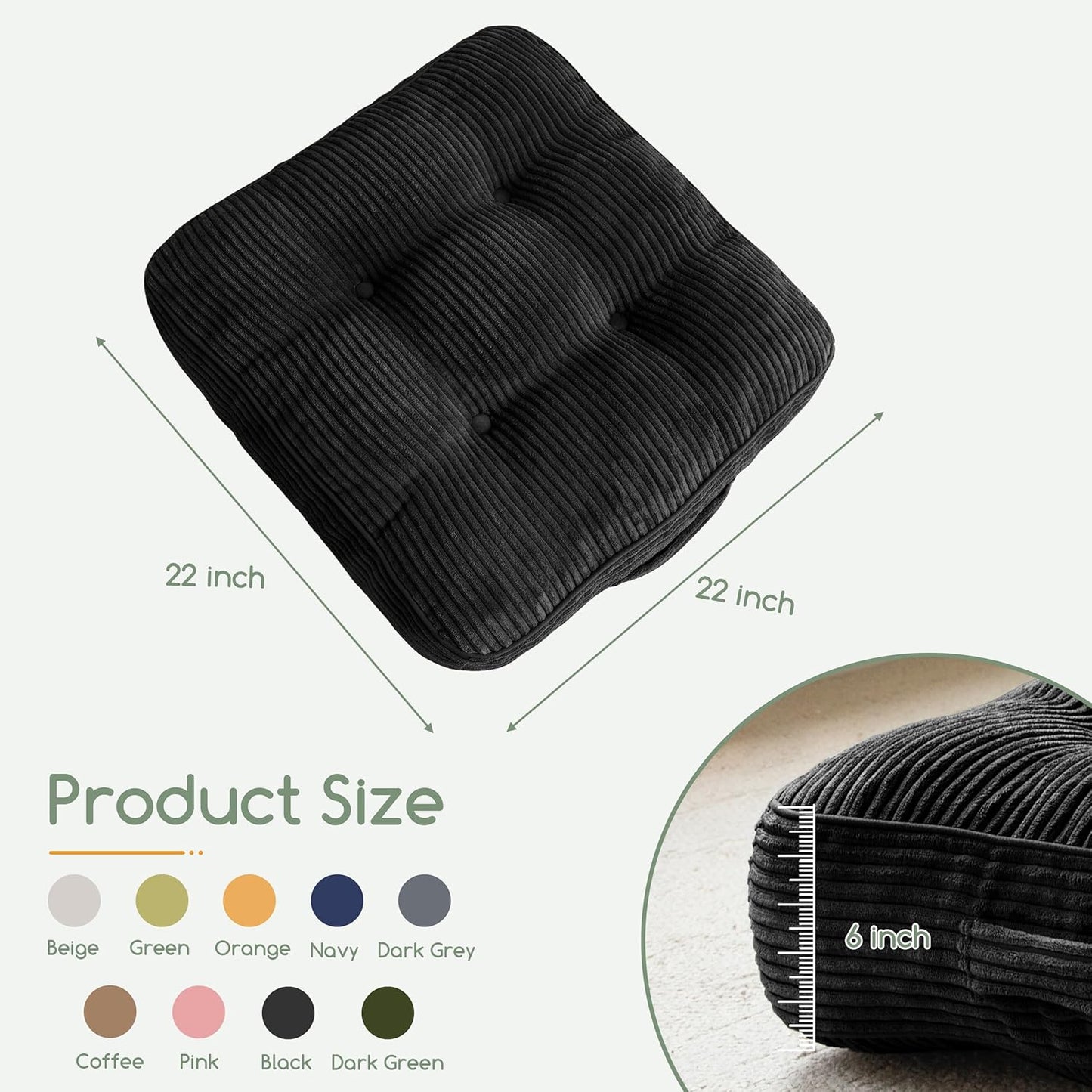 HIGOGOGO 6" Extra Thick Floor Pillow Cushion for Adults, Meditation Cushion Pillow, Large Square Floor Sitting, Tufted Corduroy Cover, for Tatami Living Room or Yoga, 22x22 Inch, 2Pack, Dark Grey