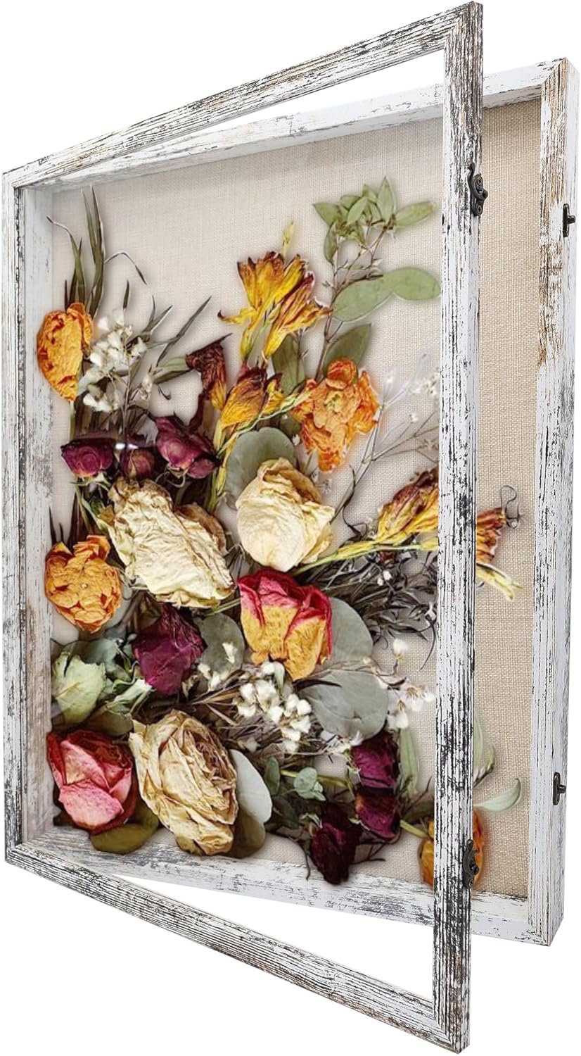 GraduationMall 13x16 Wood Shadow Box Frame Glass Door Display Case with Linen Back and 6 Stick Pins,1.5 inches Interior Depth,Ideal for Memorabilia Pictures Flowers Medals Tickets Rustic White