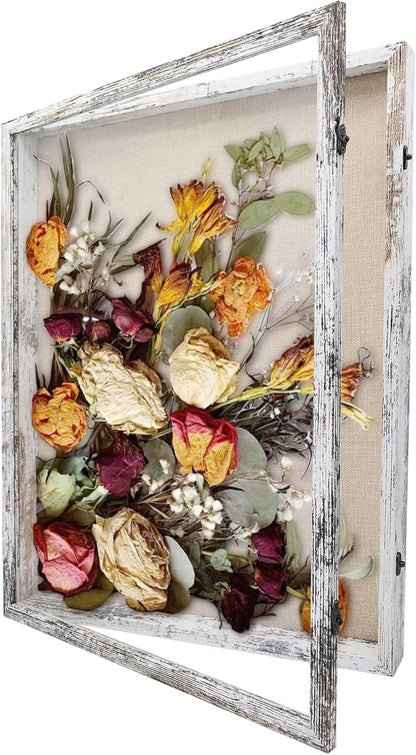 GraduationMall 13x16 Wood Shadow Box Frame Glass Door Display Case with Linen Back and 6 Stick Pins,1.5 inches Interior Depth,Ideal for Memorabilia Pictures Flowers Medals Tickets Rustic White