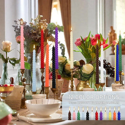 30-Pack 10-Color Taper Candles - 10 Inch Dripless & 10-Hour Burn｜Wedding/Birthday/Home Decor with Premium Wax