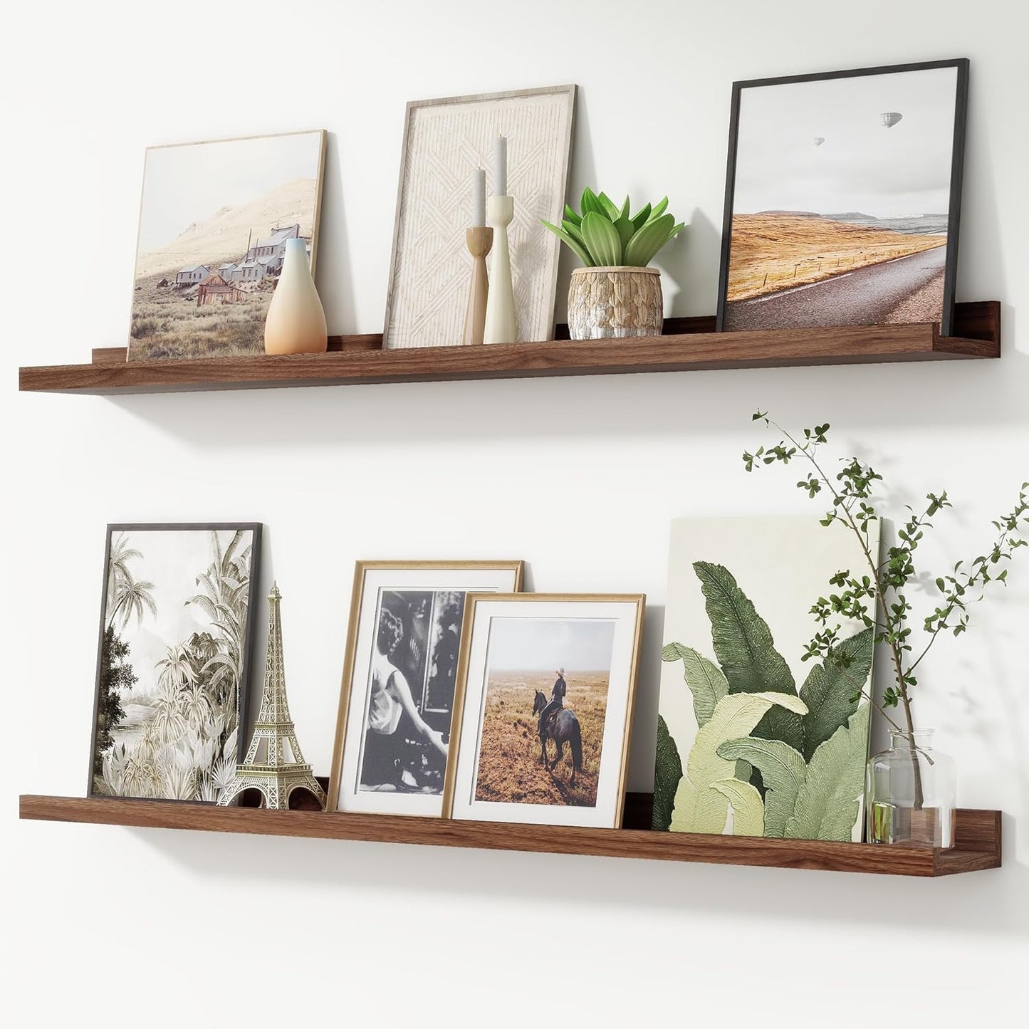 FLYJOE Picture Ledge Shelf, Floating Shelves Set of 2, 48 Inches Long Large Nursery Book Shelves for Toys Storage, Kids Bookshelf Wall Mounted for Living Room Bedroom Decor Books Photo Frames, Walnut