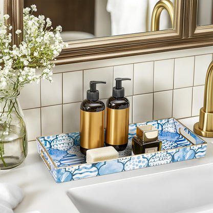 MAONAME White Decorative Tray, Plastic Serving Tray with Handles, Rectangular Moroccan Trays, Long Narrow Trays for Bathroom, Kitchen Counter, 13.8" X 6" X 1.57"