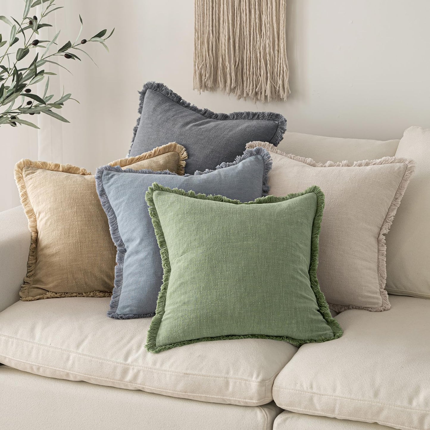 MIULEE Decorative Throw Pillow Covers Neutral Linen Fringe Throw Pillows Set of 2 Natural Beige Boho Farmhouse Cushion Covers with Tassels for Couch Sofa Bed Spring Home Decor 20x20 Inch