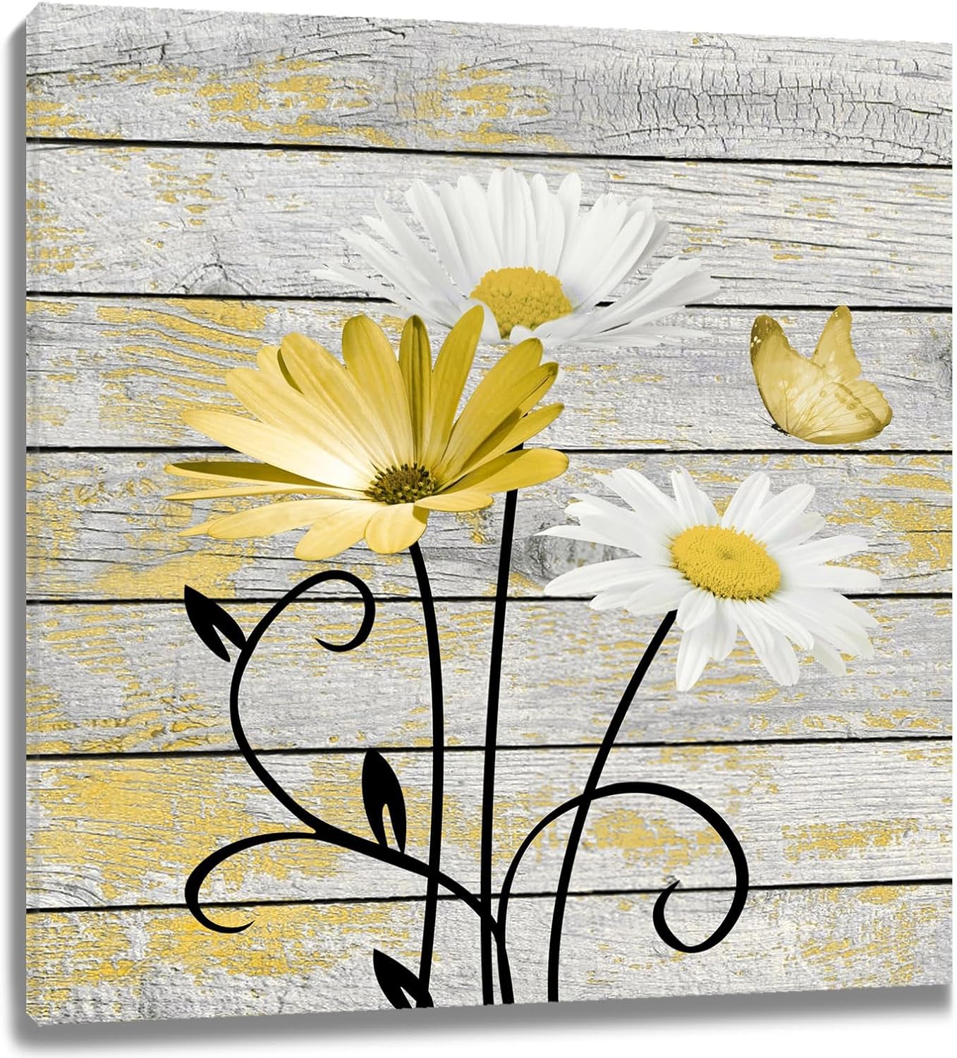 HVEST Farmhouse Floral Wall Art for Living Room, Blue and White Daisy Flower and Butterfly on Rustic Wood Board Canvas Wall Art Framed Artwork Ready to Hang for Bathroom Bedroom Decor, 16L X 12W
