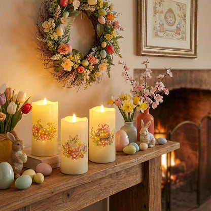 Eywamage Fiber Optic Flameless Pillar Candles with Remote Set of 3, Butterfly Floral Spring LED Candles Battery Operated Gift Φ 3" H 6"