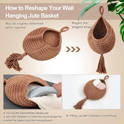 Honeydak Boho Decor Hanging Wall Baskets for Kitchen 3 Pack Teardrop Baskets with Hooks Storage Fruit Onion Vegetable Potato for Home 3 Sizes(Linen,Teardrop,Jute)