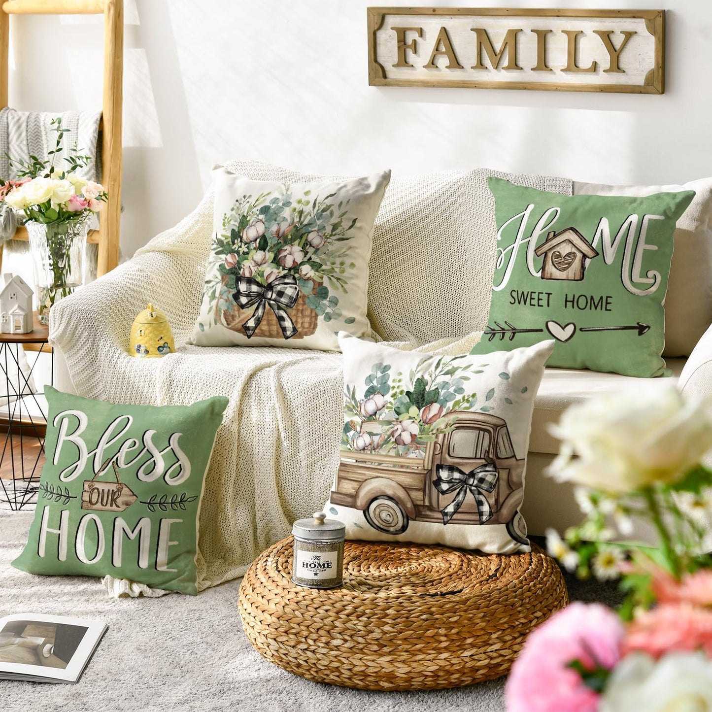 AVOIN colorlife Bless Our Home Farmhouse Eucalyptus Leaves Throw Pillow Covers, 18 x 18 Inch Truck Home Sweet Home Cushion Case Decorations Set of 4