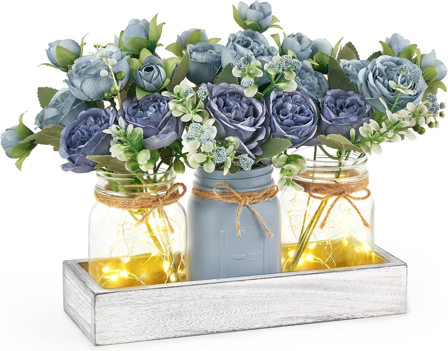Mkono Mason Jar Lights Centerpiece Table Decor for Dining Room Farmhouse Wood Tray with 3 Jars Flowers Valentines Day Decoration for Coffee Table Kitchen Living Room Wedding