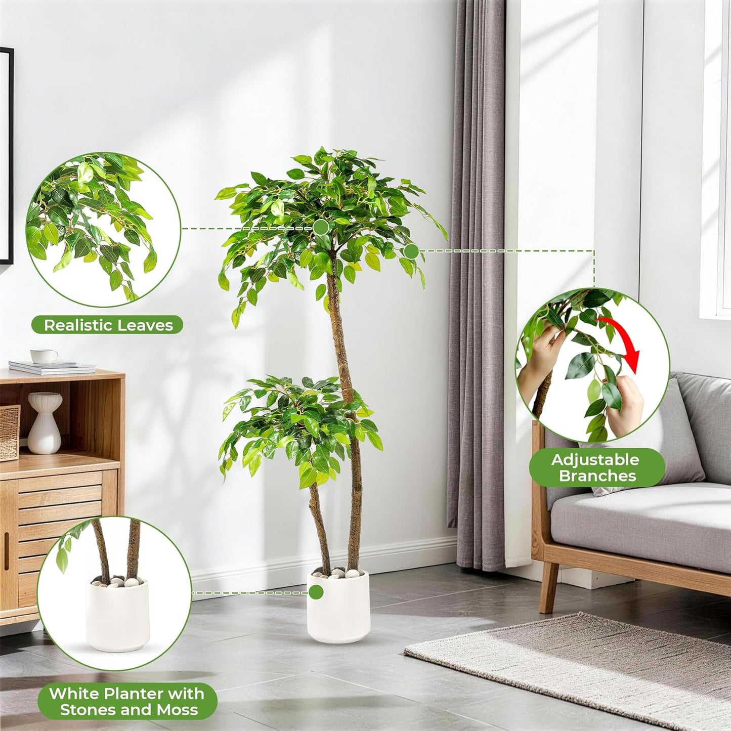 5FT Artificial Ficus Tree with White Planter and Pebbles,Faux Silk Tree with Lifelike Leaves and Realistic Trunk,Tall Fake Potted Plant for Home and Office Décor Indoor and Outdoor (5FT)