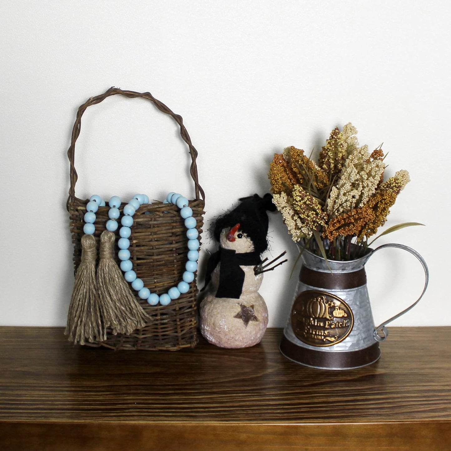 CVHOMEDECO. Wood Beads Garland with Tassels Farmhouse Rustic Wooden Prayer Bead String Wall Hanging Accent for Home Festival Decor. Mix Distressed