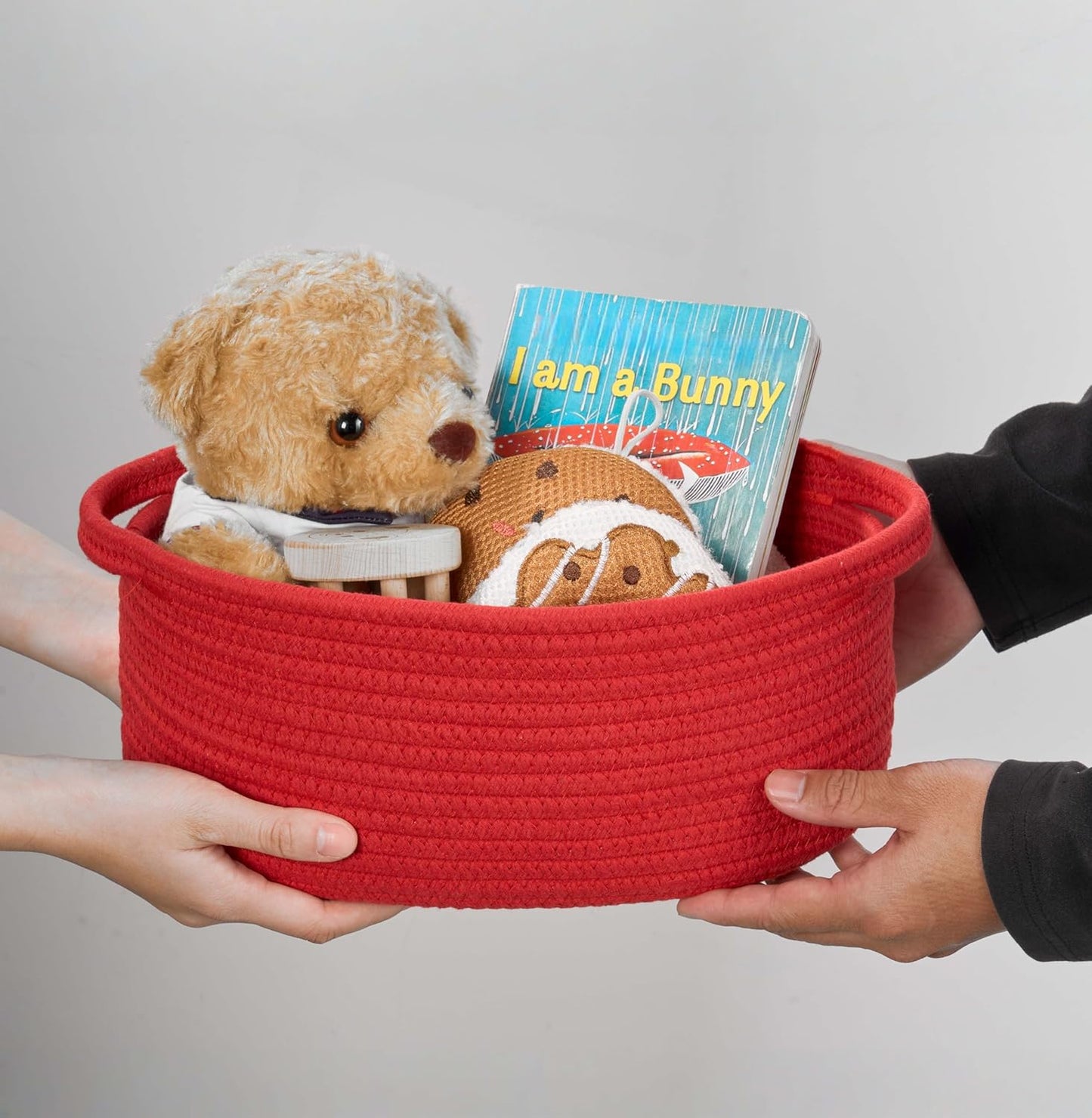 Small Woven Gift Basket Empty with Bag & Ribbon - Gifts for Mom, Baby Shower, Birthdays & Raffle - Cotton Rope Storage Basket for Dog Toys or Shelf - 12"x8"x5", White